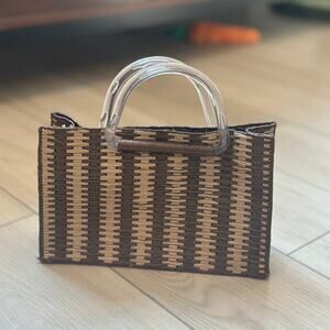 Vintage woven brown striped handbag acrylic clear handles